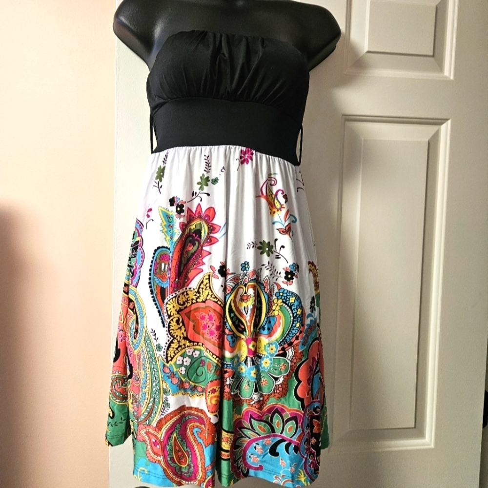 Body Central Paisley Pleated A-Line Midi Strapless Dress